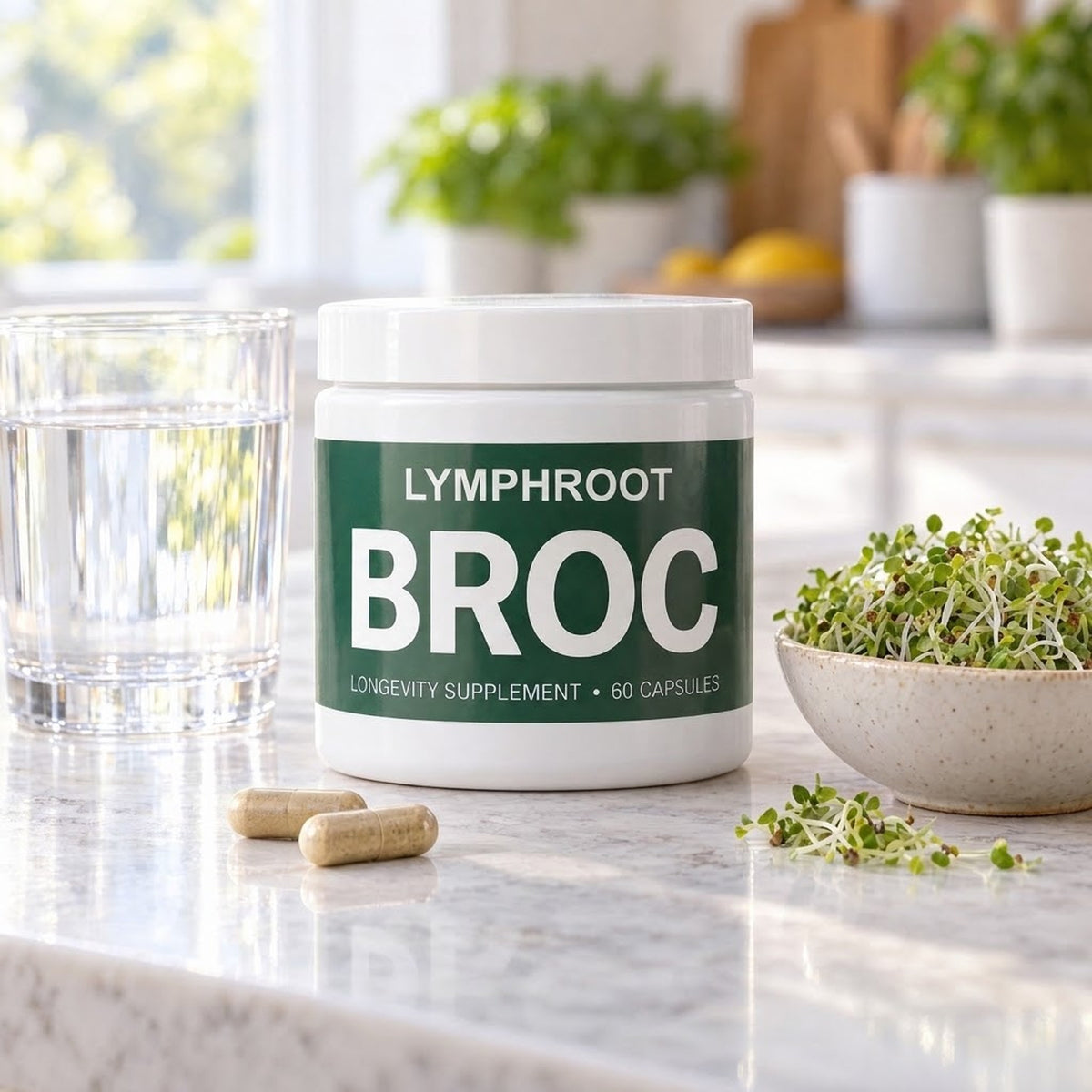 LymphRoot BROC jar on a kitchen counter with water and capsules